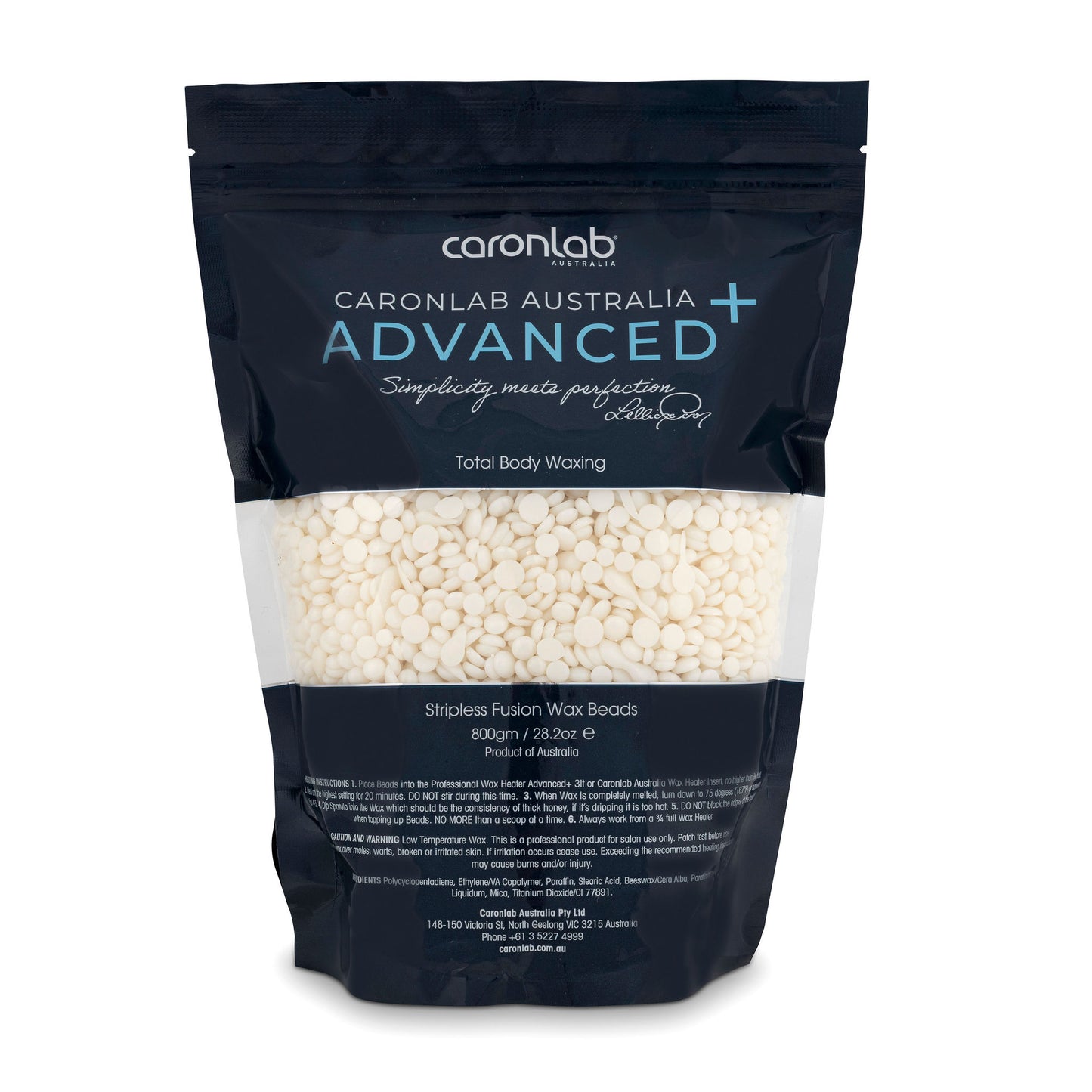 Caronlab Australia Advanced Total Body Waxing wax beads packaging on a white background