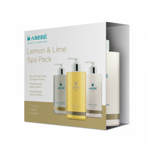 Arbre Lemon & Lime Spa Pack with three bottles on a white background