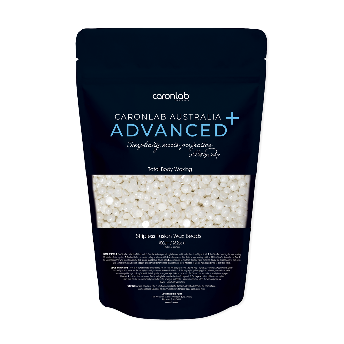 Caronlab Australia Advanced Total Body Waxing Stripless Fusion Wax Beads packaging on a white background