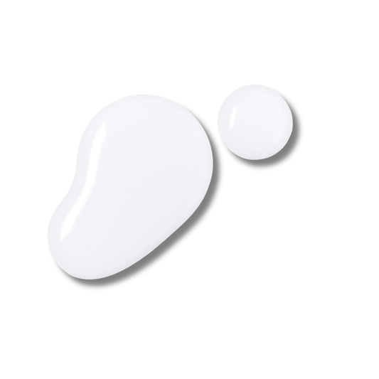 Two glossy white cosmetic droplets, one large irregular shape and one smaller round droplet, shown on a clean white background.