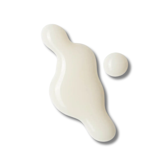 A glossy, off-white cosmetic cream or gel droplet with a matching small spherical droplet, shown on a clean white background.