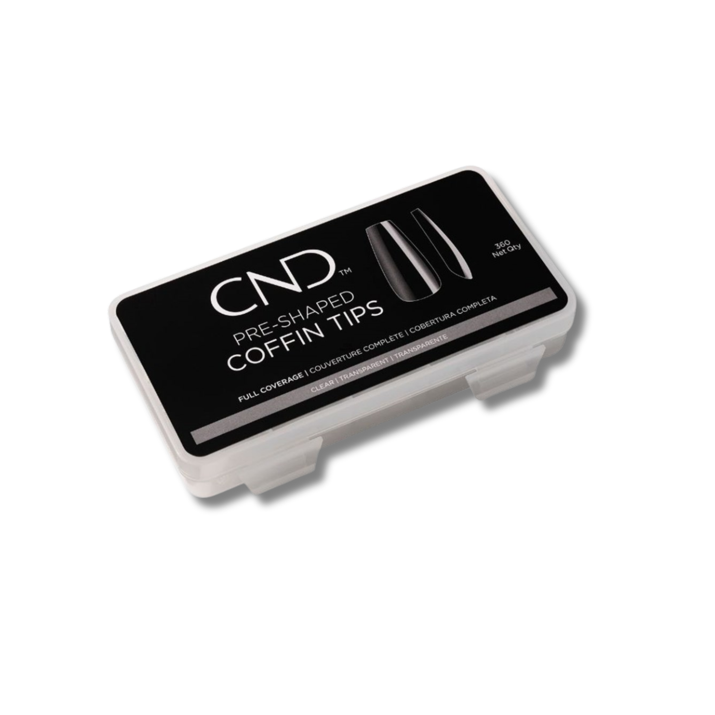 CND Pre-Shaped Coffin Tips in a clear plastic storage case with a black and white label, shown on a white background.