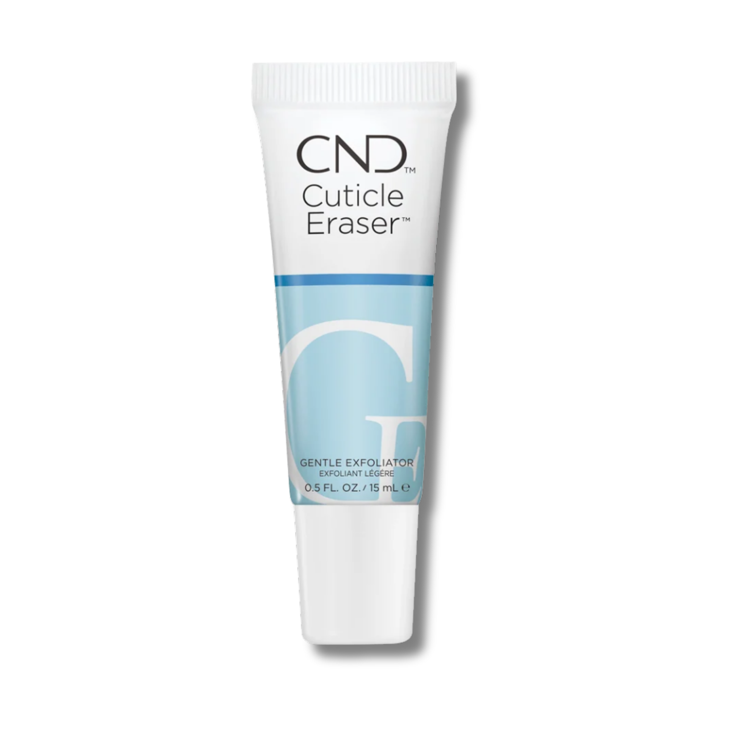 CND Cuticle Eraser nail care product in a white squeeze tube with a light blue graphic band and black text, shown on a clean white background.