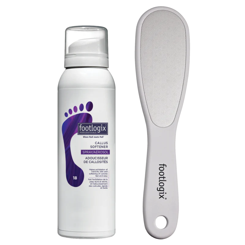 A bottle of Footlogix Callus Softener spray and a Footlogix At-Home Foot File, both designed for foot care and available for purchase.