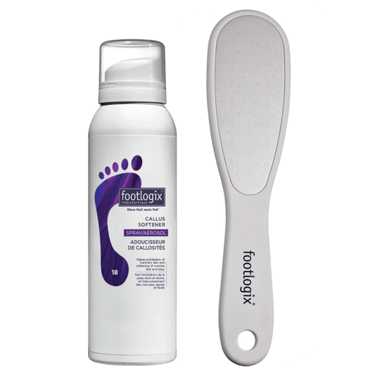 A bottle of Footlogix Callus Softener spray and a Footlogix At-Home Foot File, both designed for foot care and available for purchase.