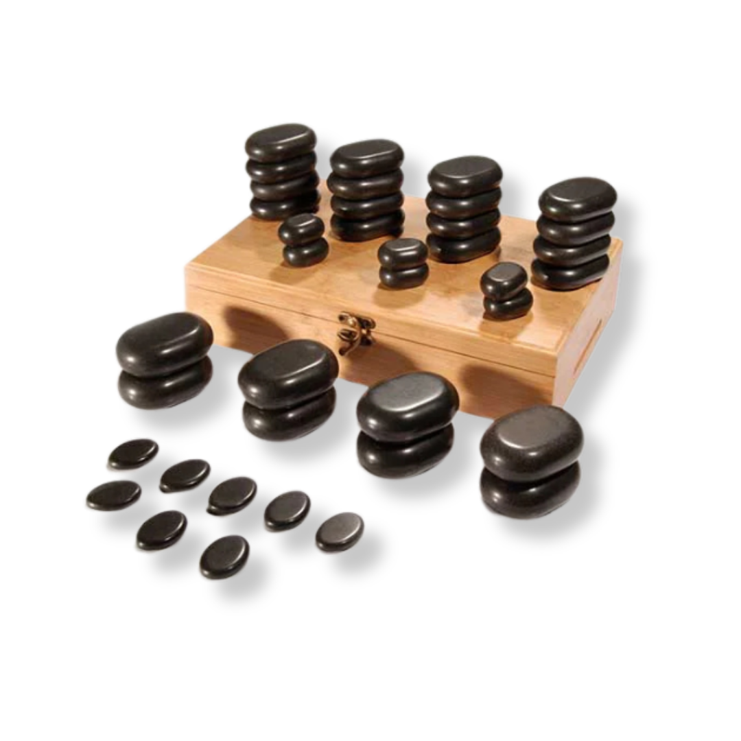 Hot Stone Massage Set – 36pc Basalt Stones in Bamboo Box