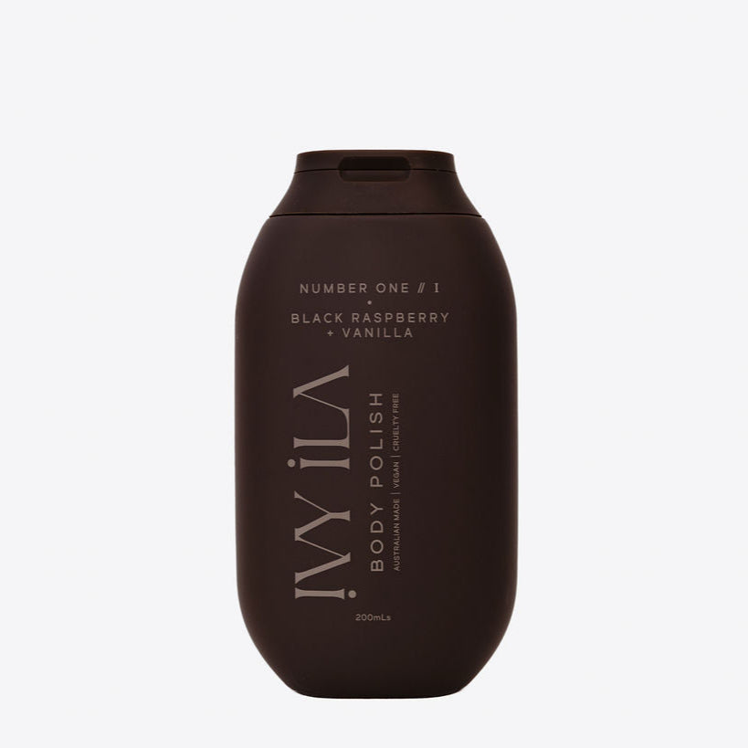 Brown bottle of 'Body Polish' with text on a white background