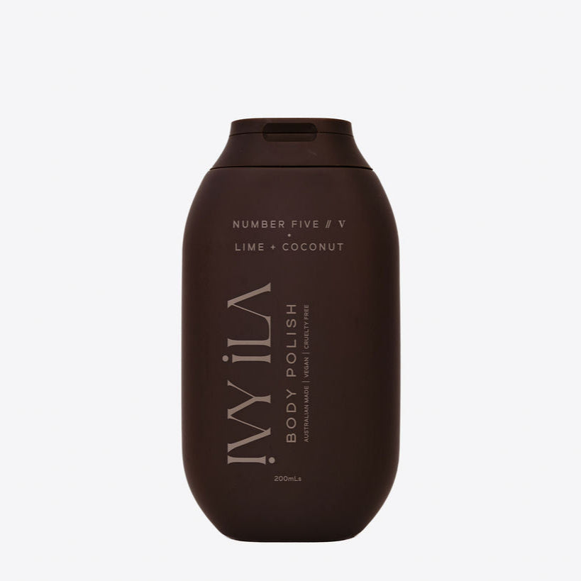 Brown bottle of IVY ILA body polish on a white background