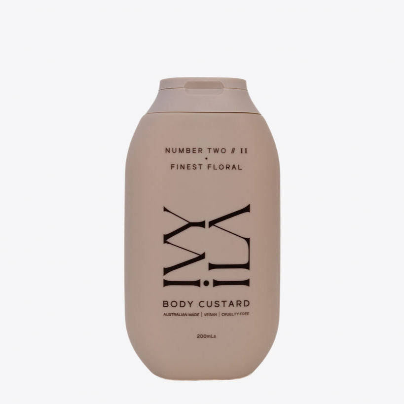 Body custard bottle labeled 'Number Two F II Finest Floral' on a white background