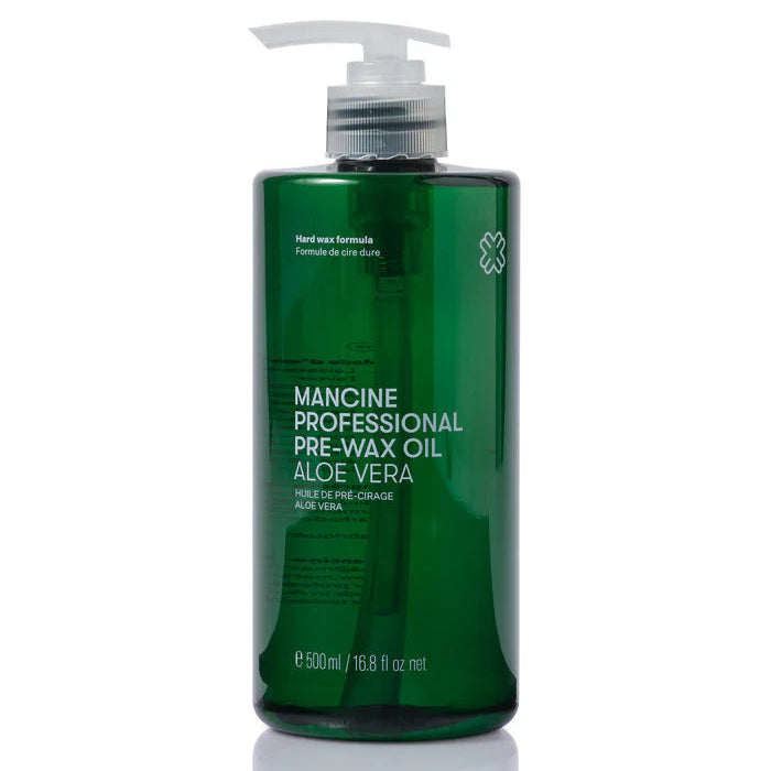 A green bottle of Mancine Pre Wax Oil with a pump dispenser, labeled Aloe Vera.