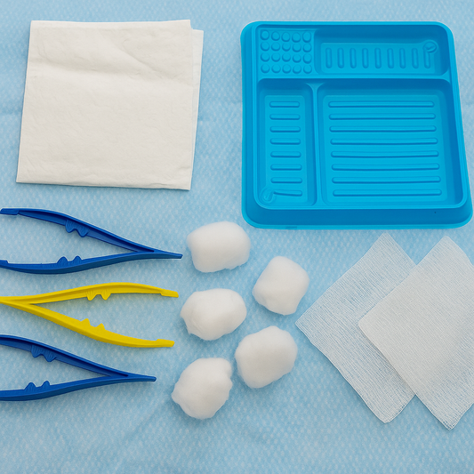 Set of tools and materials for a craft or DIY project on a blue background