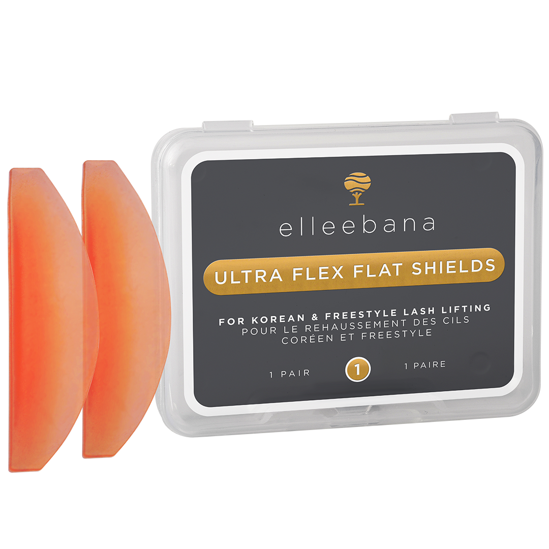 Sheets of orange ultra flex flat shields with a branded container on a white background