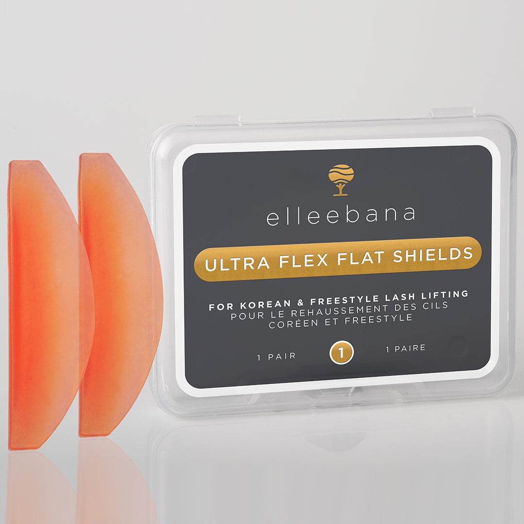 Sheets of orange FLAT SHIELDS with 'elleebana' branding on a gray background