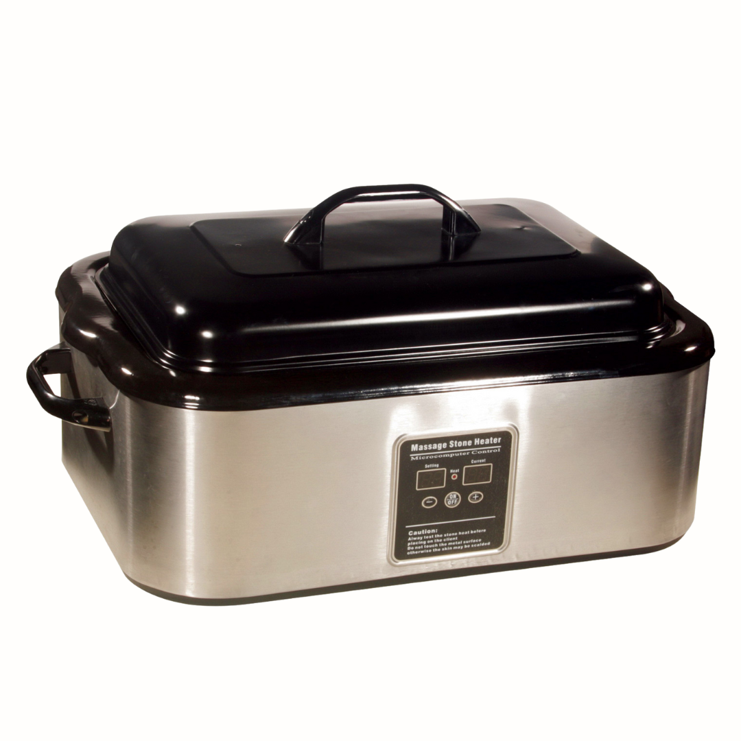 Stainless steel and black lid appliance with control panel on a white background