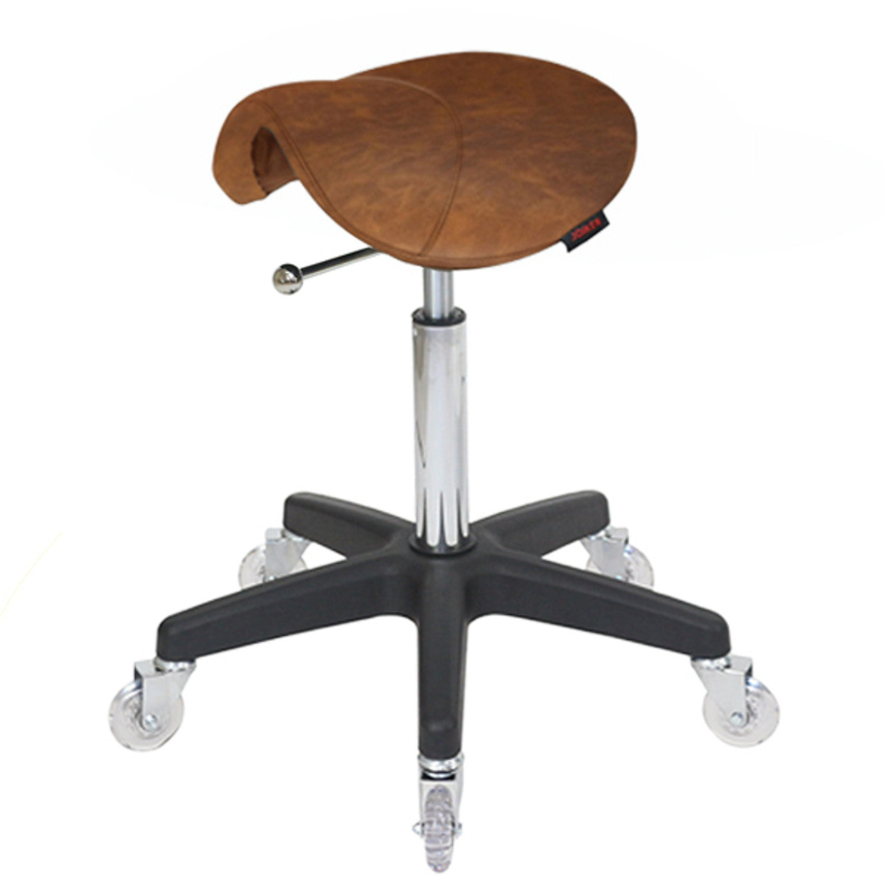 Brown saddle-style stool with a metal base on a white background