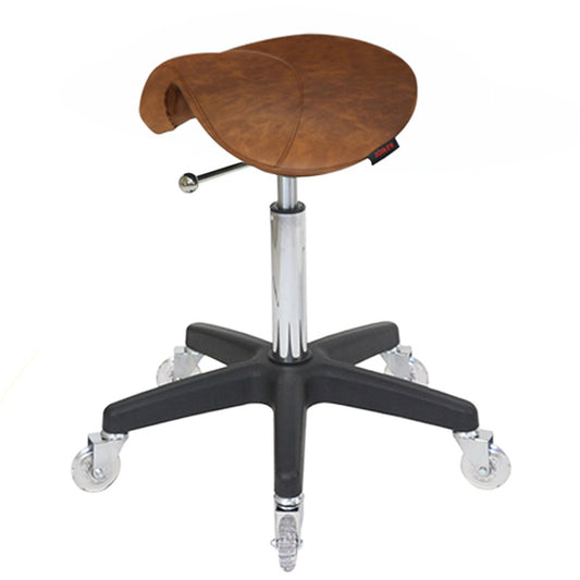 Brown saddle-style stool with a metal base on a white background