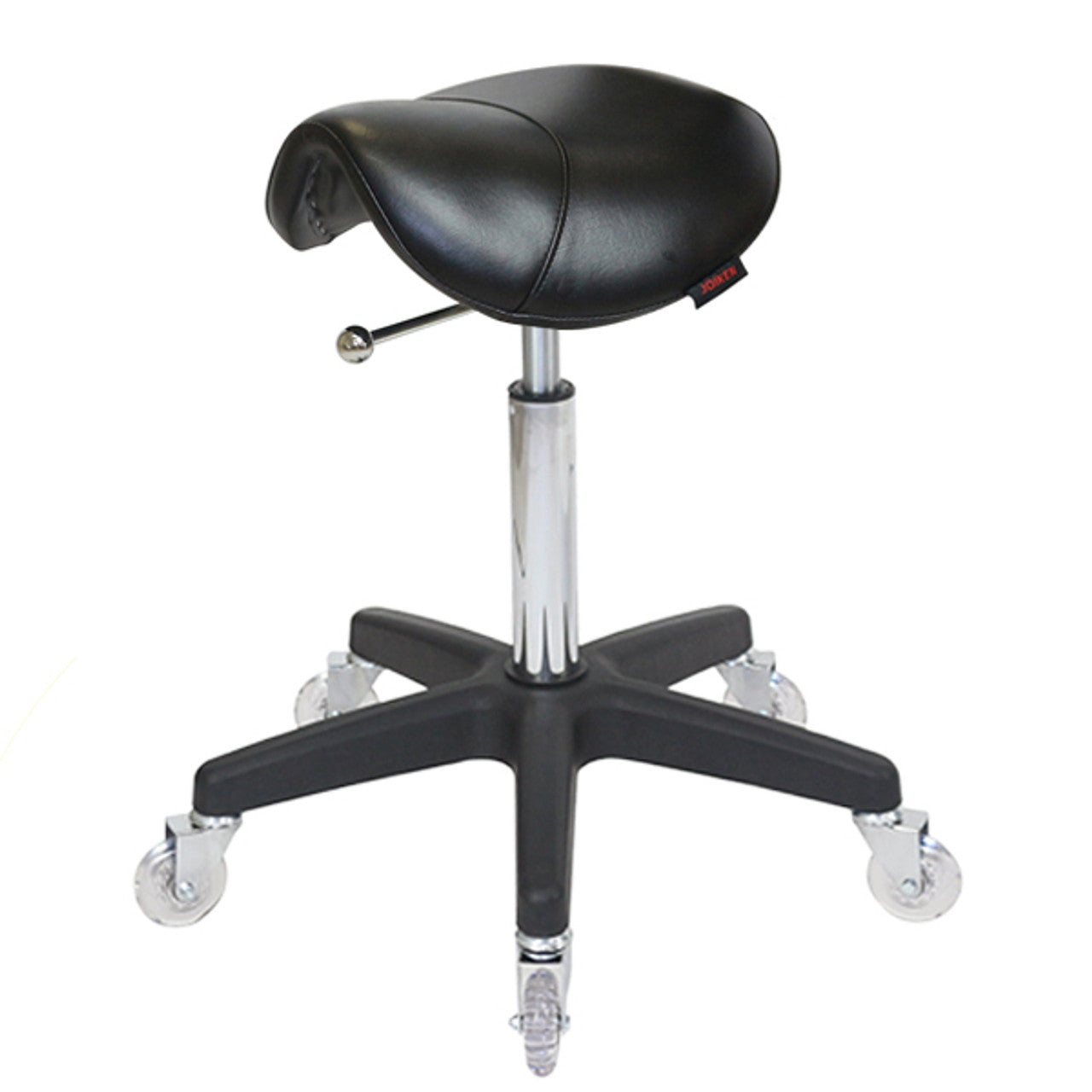 Black saddle-style stool with wheels on a white background