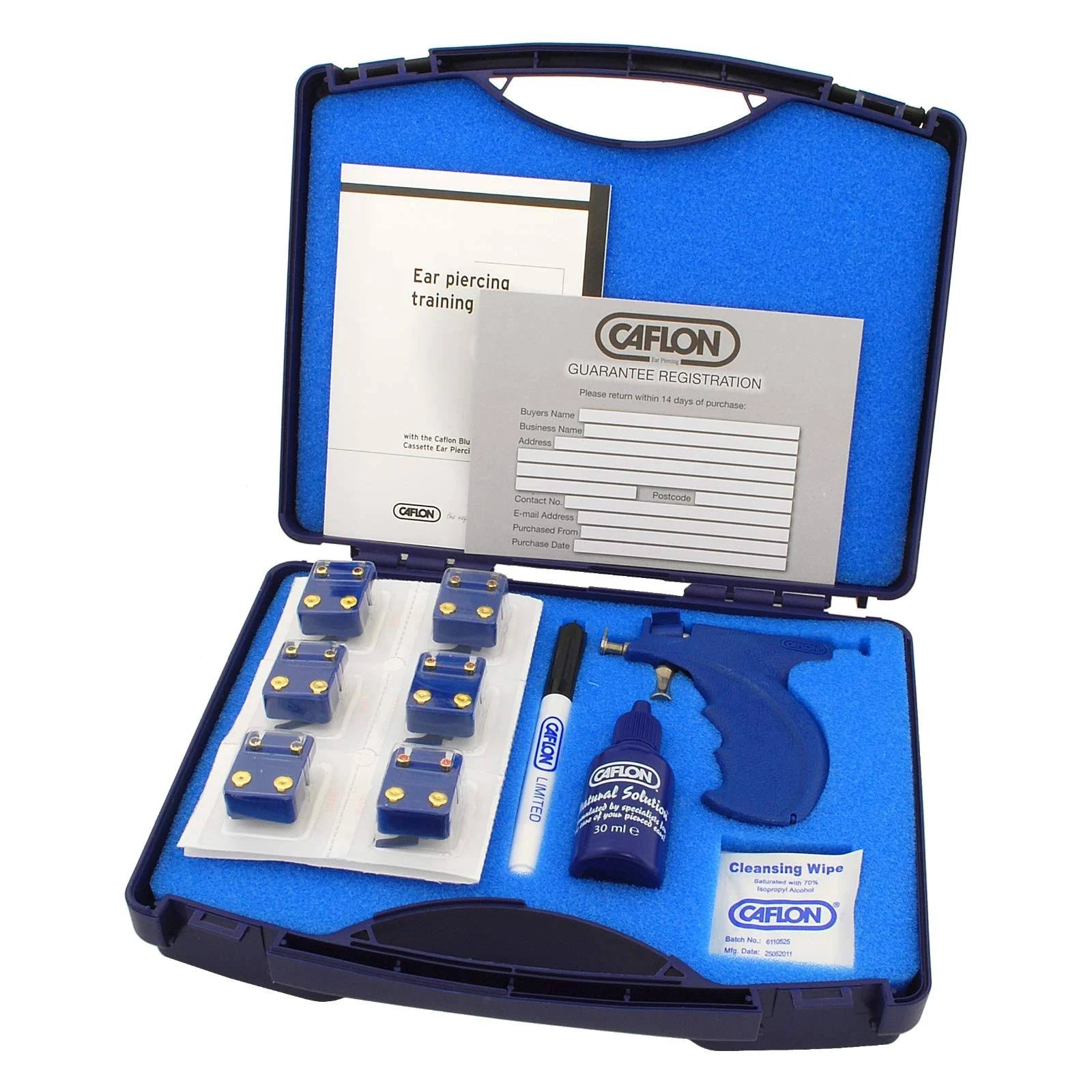 Caulon ear piercing training kit with blue case on a white background