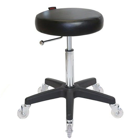 Black swivel stool with wheels on a white background