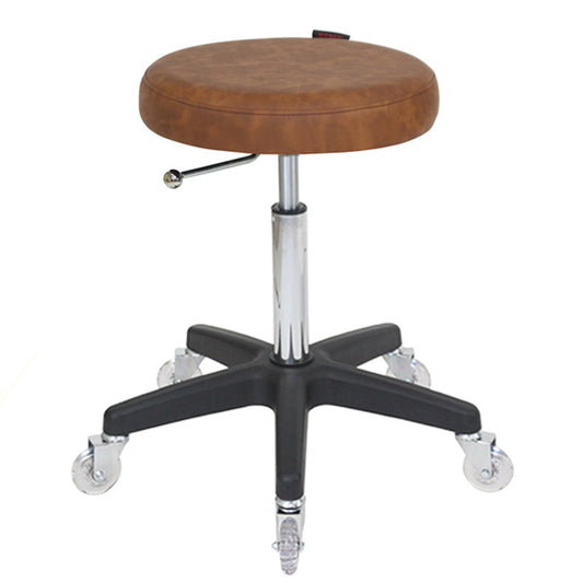 Brown leather stool with black metal base on a white background