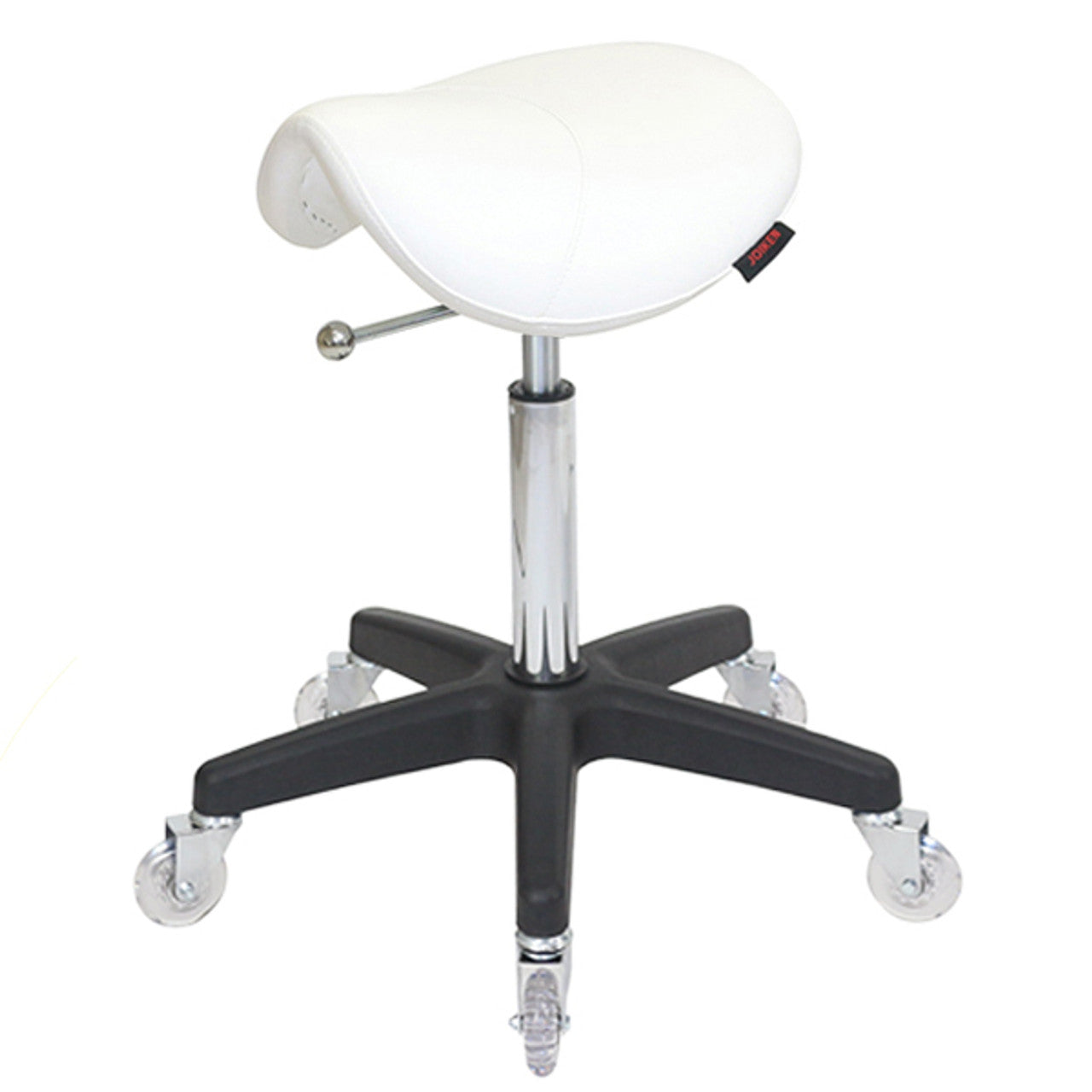 White saddle seat stool with black base and wheels on a white background