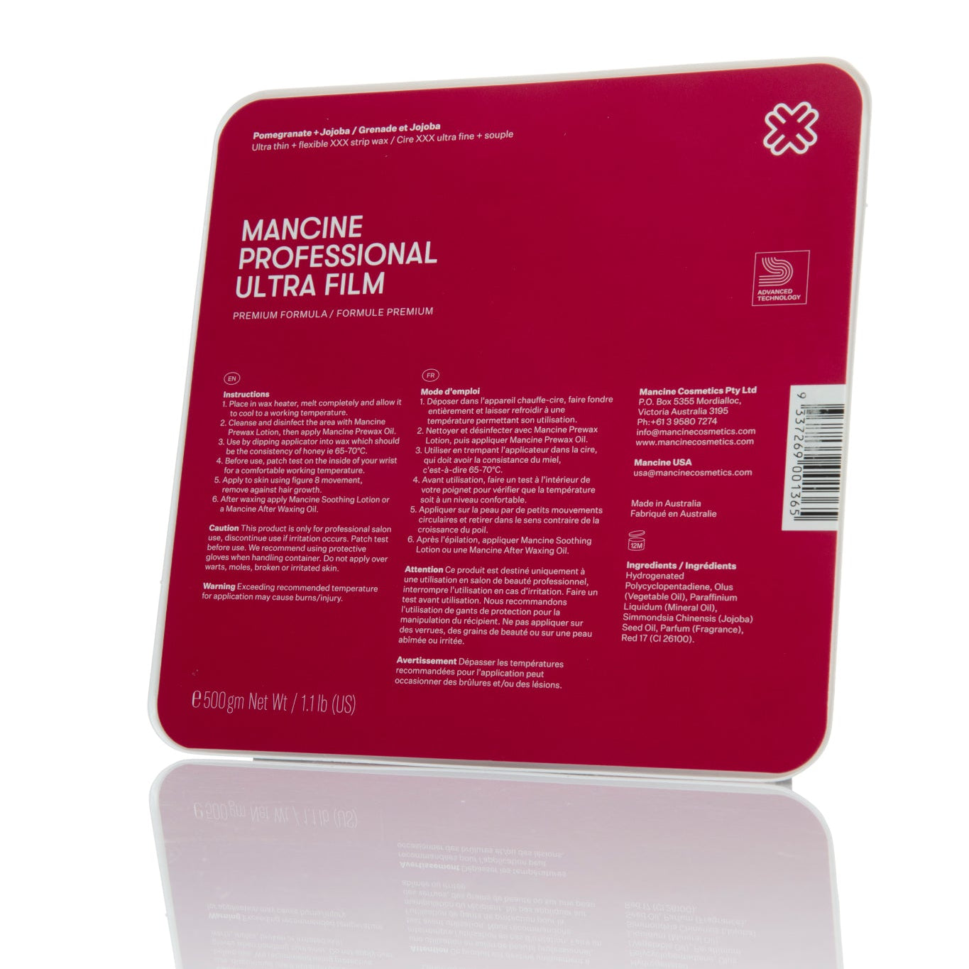A red package of Mancine Ultra Film Hot Wax with product information and branding visible.