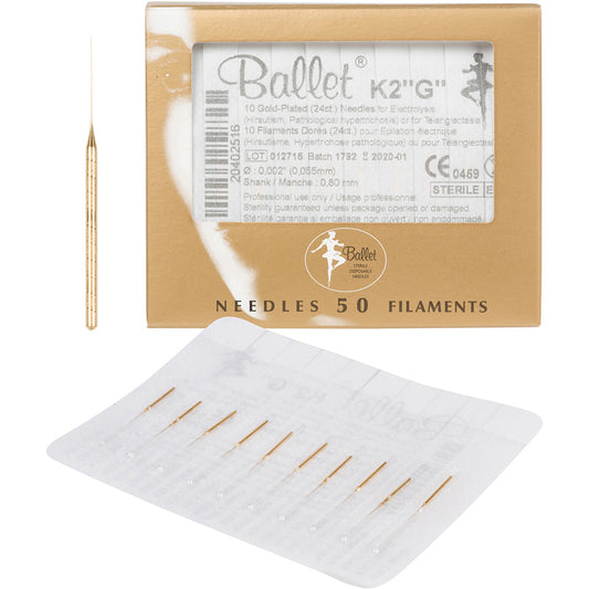 Packaging of Ballet 24k Gold Plated acupuncture needles, with a window displaying several needles.