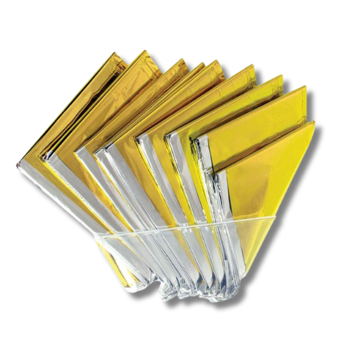 A pack of gold coloured thermal foil body wraps used in beauty treatments.