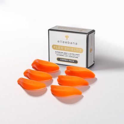 Orange flex shields with a white box labeled 'elleebana' on a white background