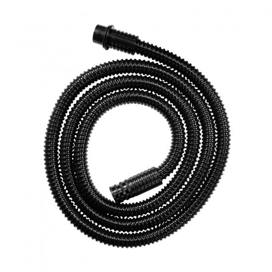 Black flexible hose coiled on a white background