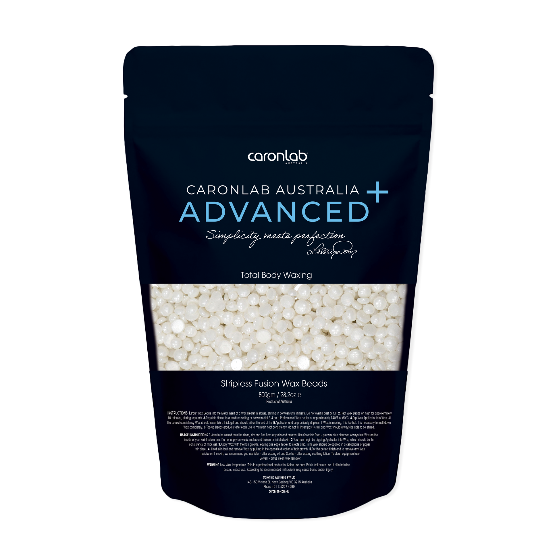 Caronlab Australia Advanced Total Body Waxing Stripless Fusion Wax Beads packaging on a white background