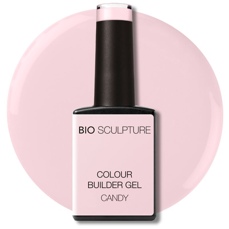 Bio Sculpture Colour Builder Gel bottle with pink cap on a pink circular background