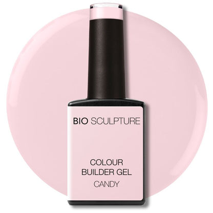 Bio Sculpture Colour Builder Gel bottle with pink cap on a pink circular background