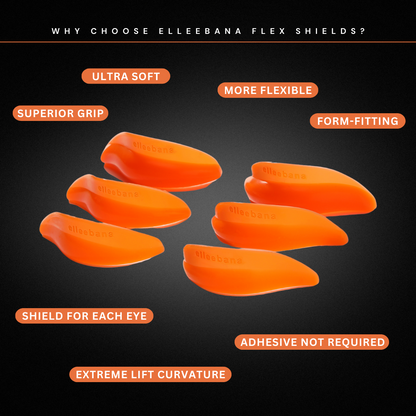Orange Elleebana Flex Shields with features listed on a black background