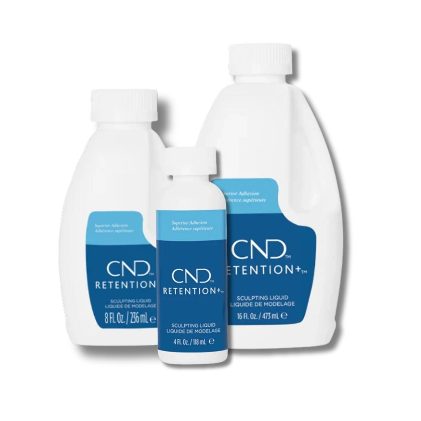 Three white bottles of CND Retention+ sculpting liquid in different sizes with blue and white labels, arranged on a white background.