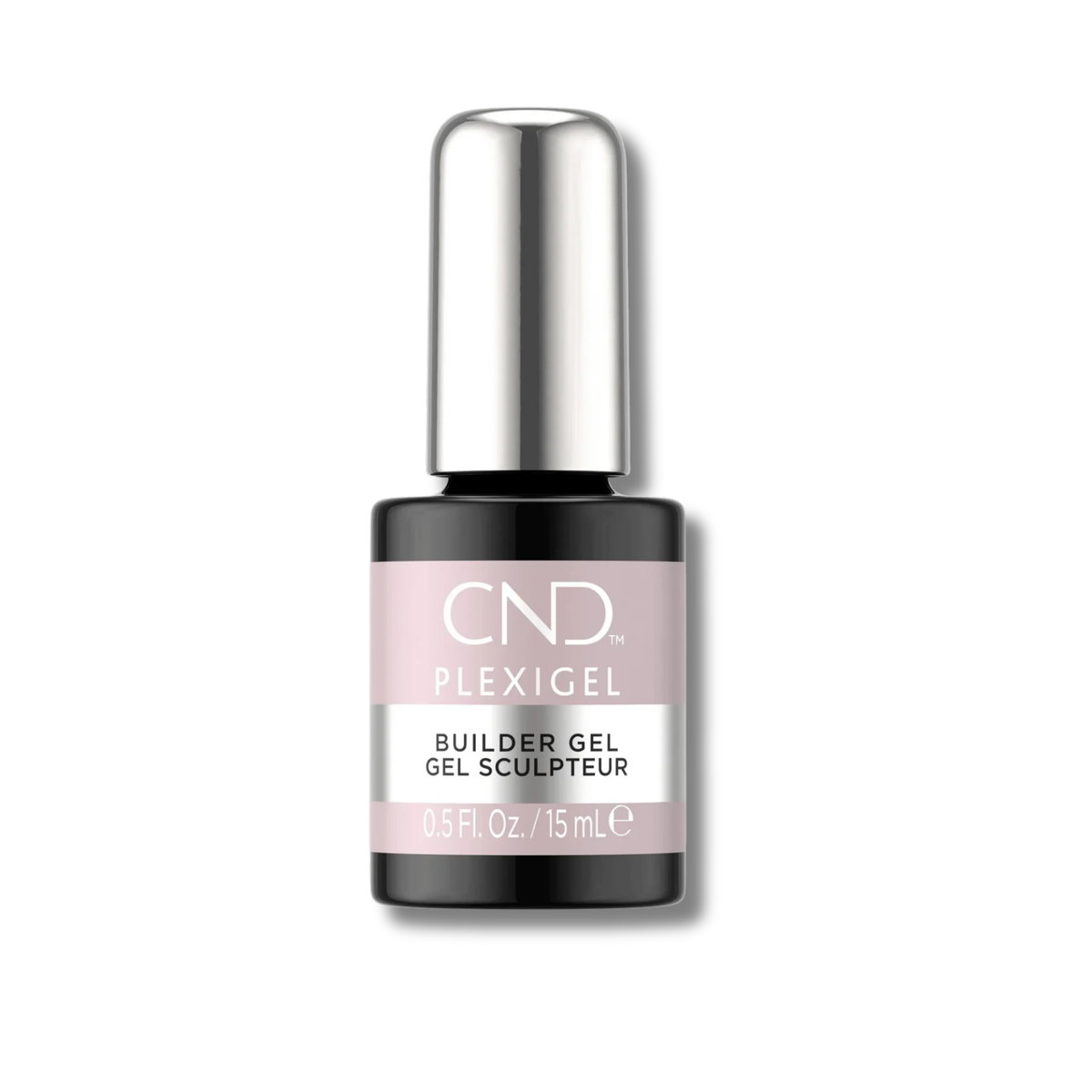 CND Plexigel Builder Gel nail polish in a black bottle with a metallic silver cap and a dusty pink label, shown on a white background.
