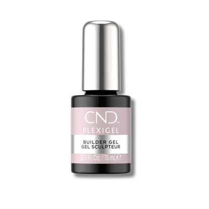 CND Plexigel Builder Gel nail polish in a black bottle with a metallic silver cap and a dusty pink label, shown on a white background.