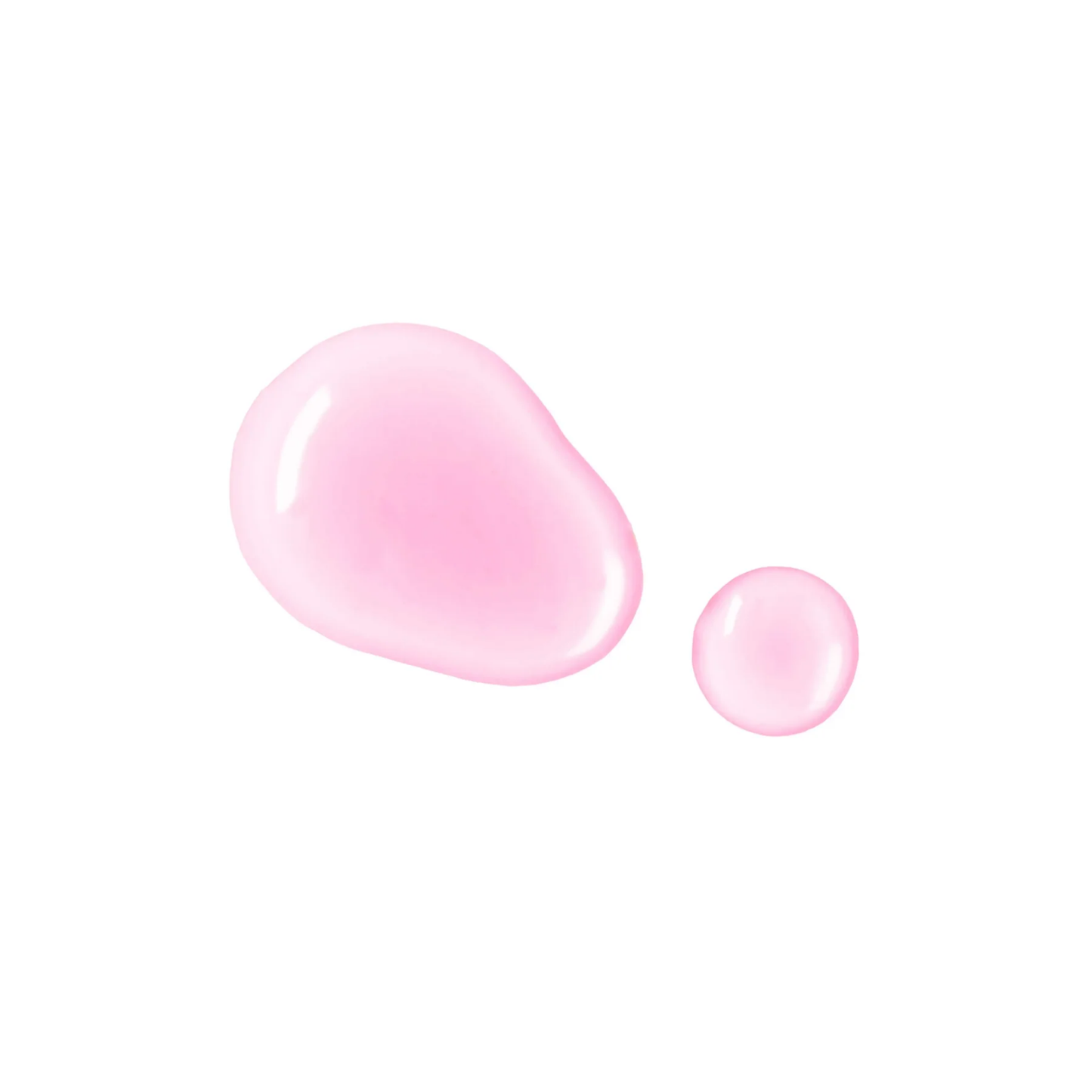Two glossy pink liquid droplets, one large and one small, shown on a plain white background.