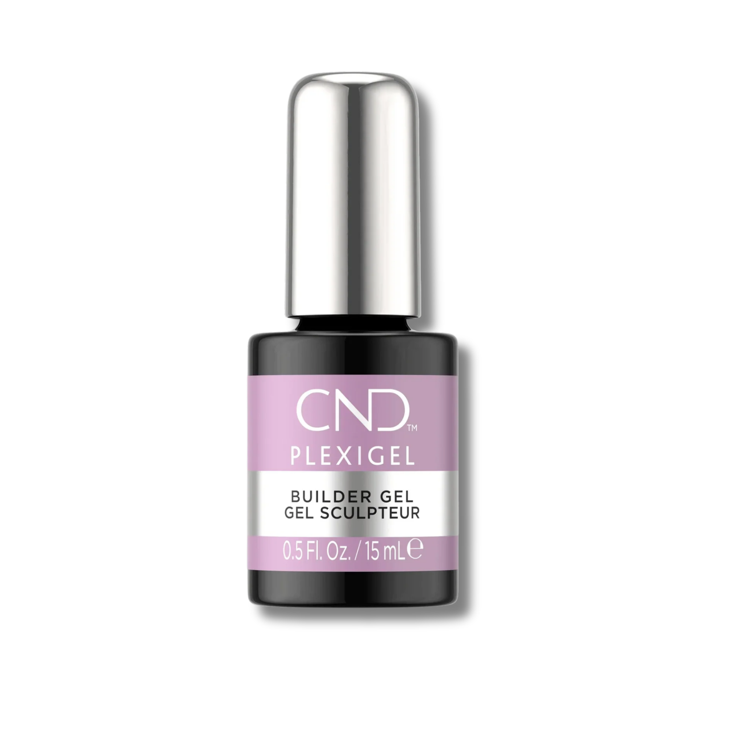 CND Plexigel Builder Gel nail polish in a black bottle with a metallic silver cap and a lavender purple label, shown on a white background.