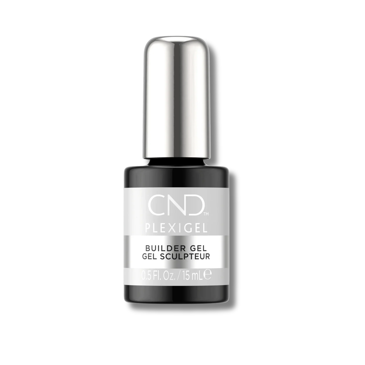 CND Plexigel Builder Gel nail polish in a 0.5 fl. oz. black bottle with a silver cap, shown on a white background.