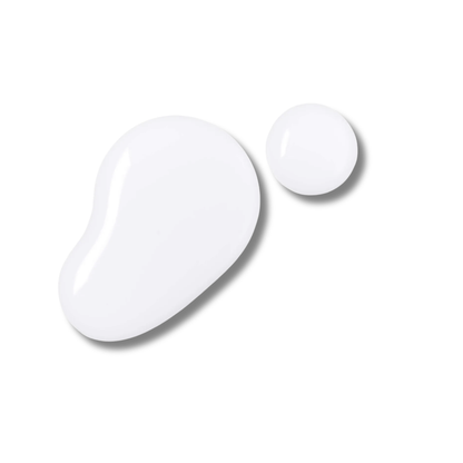 Two glossy white cosmetic droplets, one large irregular shape and one smaller round droplet, shown on a clean white background.