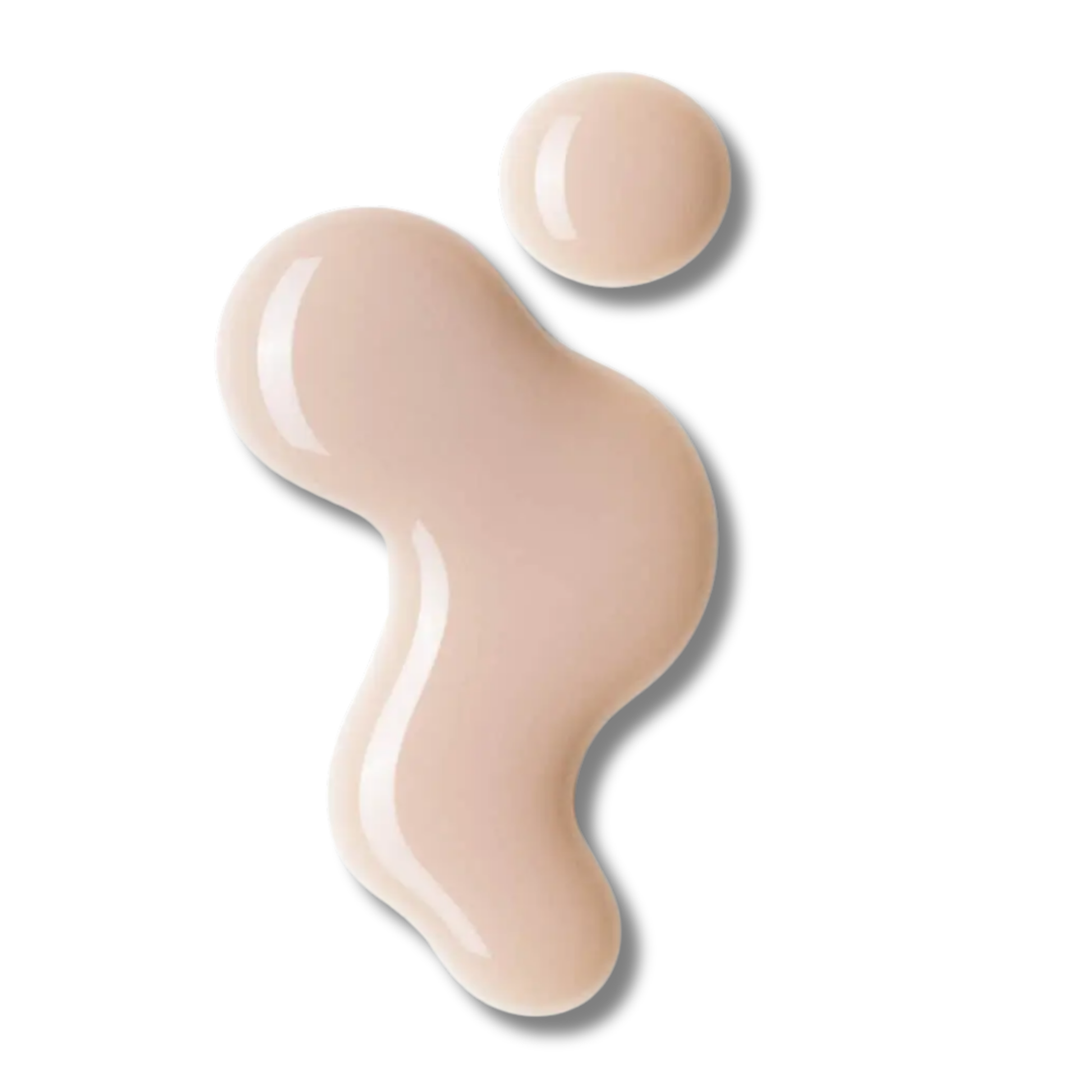 A glossy, abstract smear of light beige liquid cosmetic product on a clean white background, with a smaller matching circular swatch above it.