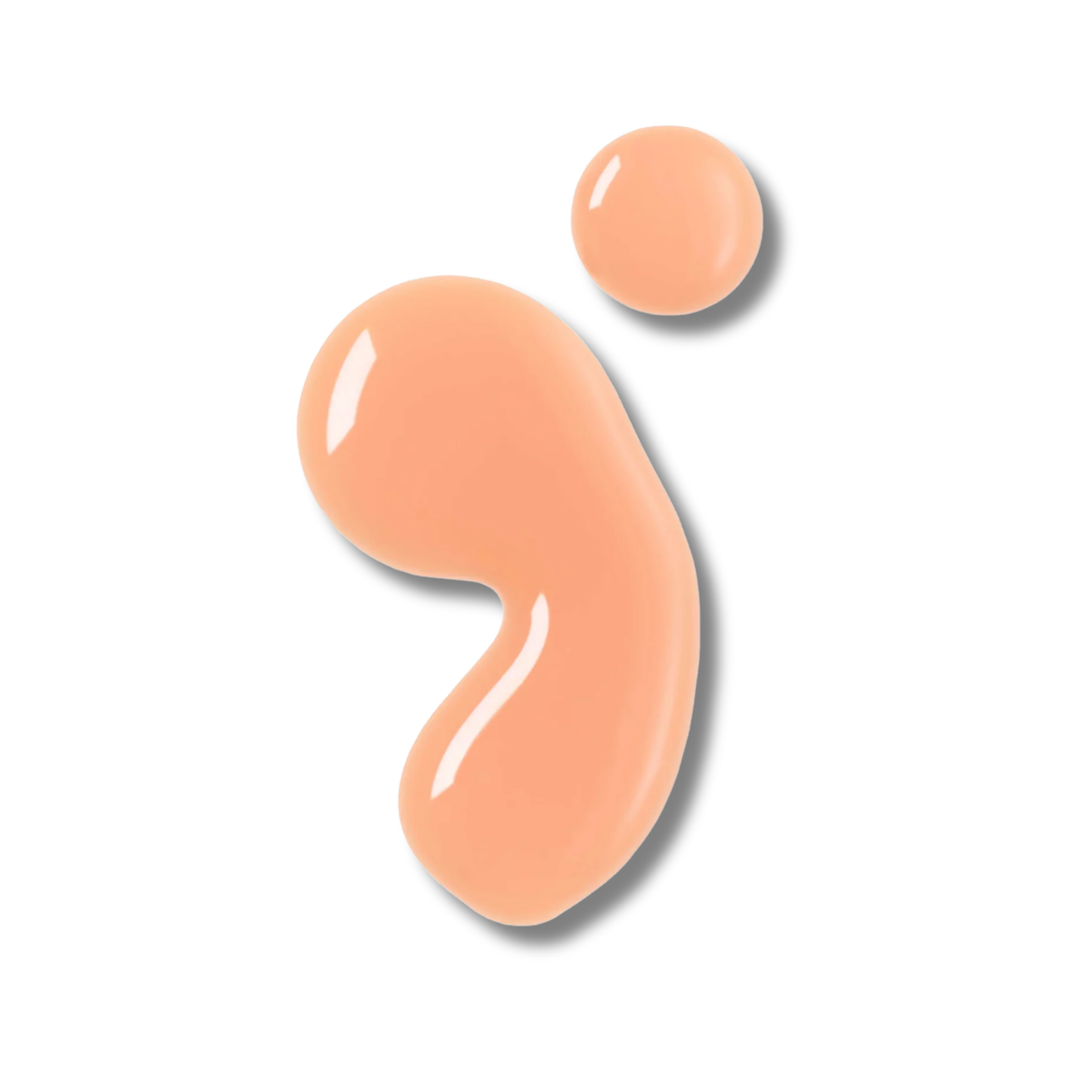 A glossy peach-colored cosmetic cream or gel shown in two irregular blobs on a clean white background, one larger blob and one smaller dot above it.