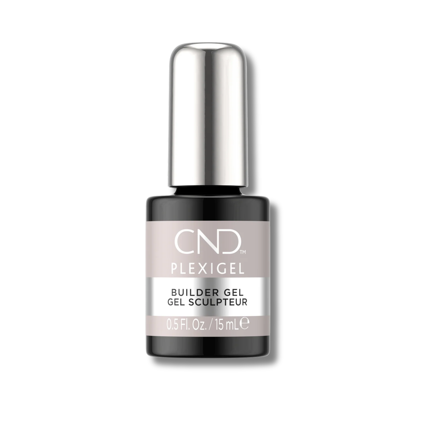CND Plexigel Builder Gel nail polish in a black bottle with a metallic silver cap and a dusty pink label, shown on a white background.