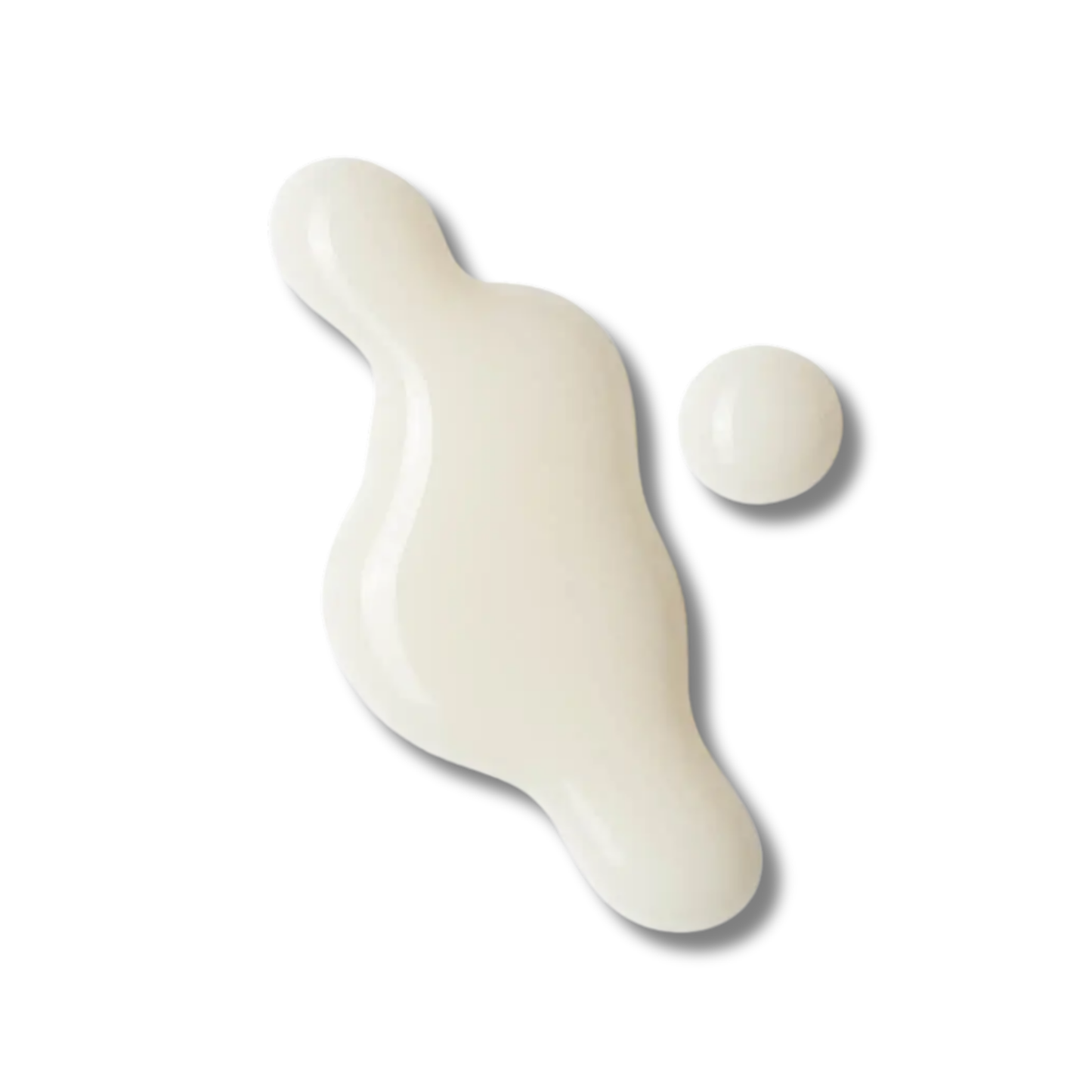 A glossy, off-white cosmetic cream or gel droplet with a matching small spherical droplet, shown on a clean white background.