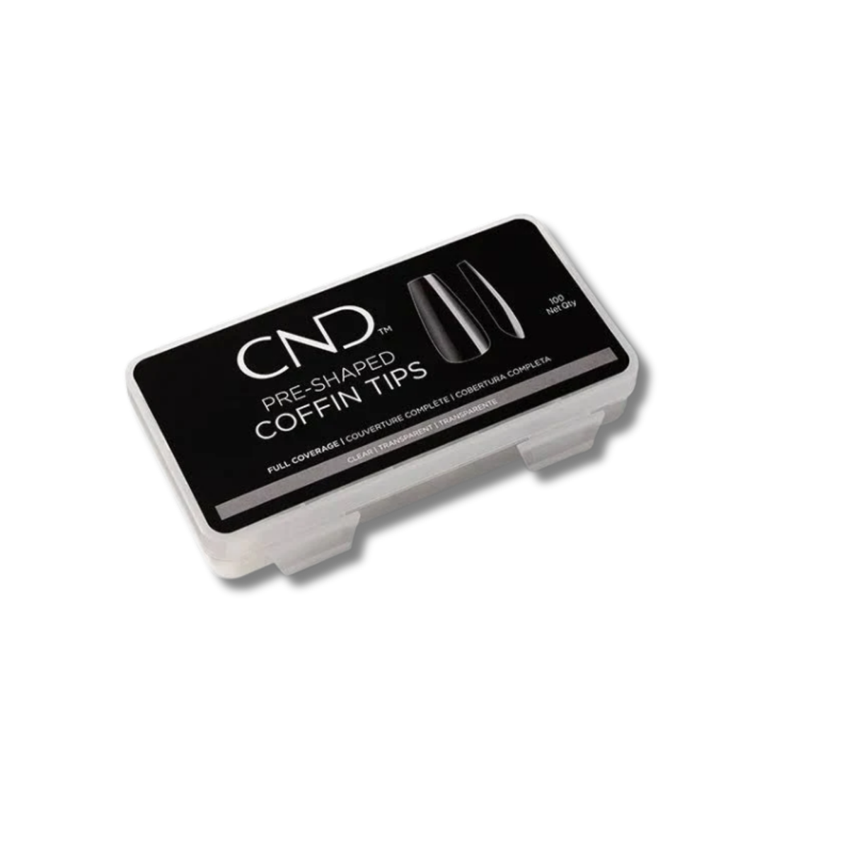 CND Pre-Shaped Coffin Tips, shown in its original black and white plastic storage case on a white background.