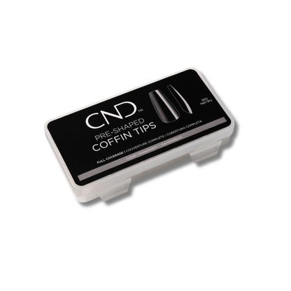 CND Pre-Shaped Coffin Tips in a clear plastic storage case with a black and white label, shown on a white background.