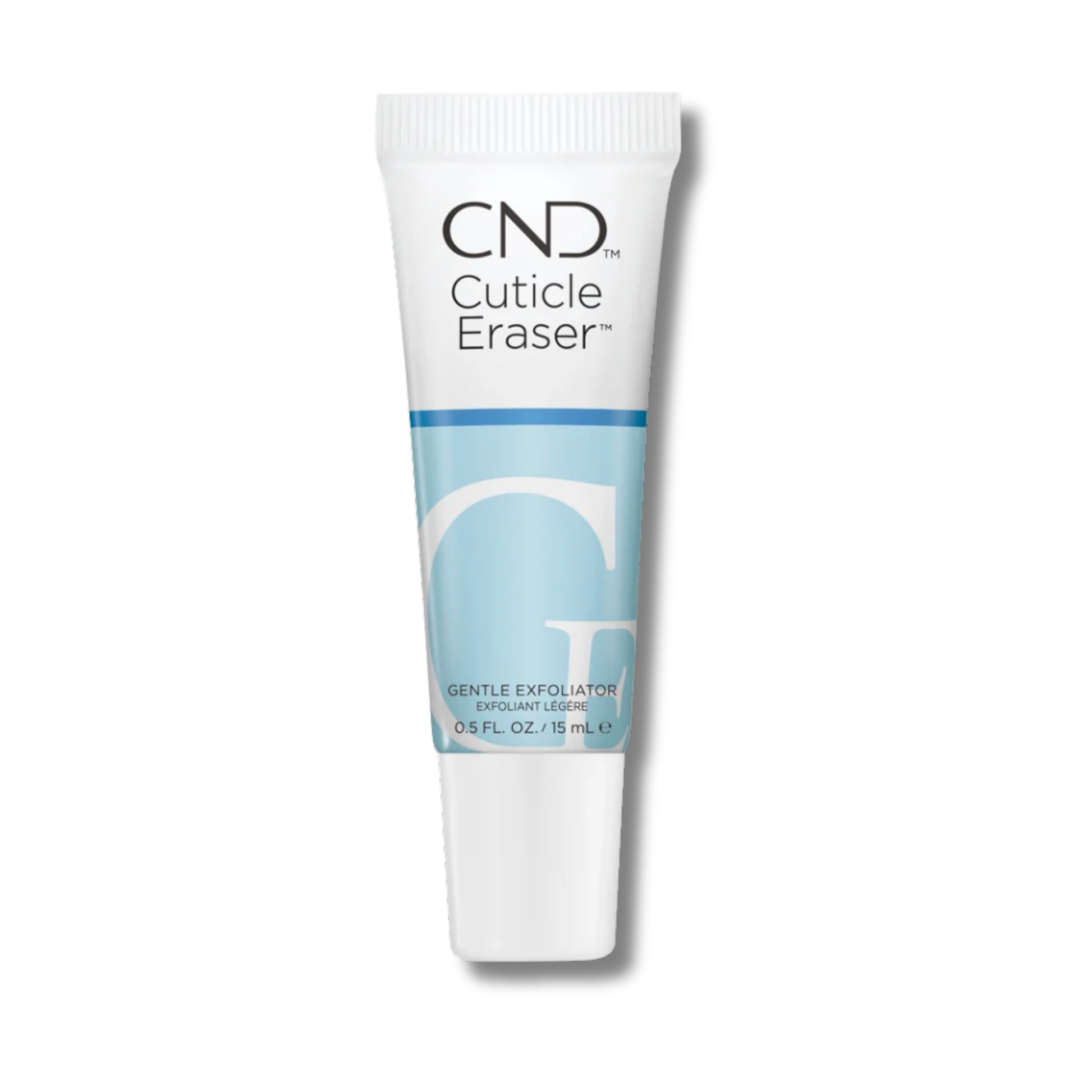 CND Cuticle Eraser nail care product in a white squeeze tube with a light blue graphic band and black text, shown on a clean white background.