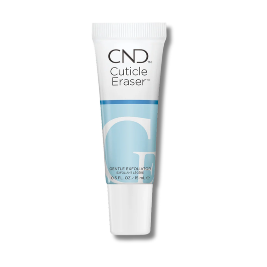 CND Cuticle Eraser nail care product in a white squeeze tube with a light blue graphic band and black text, shown on a clean white background.