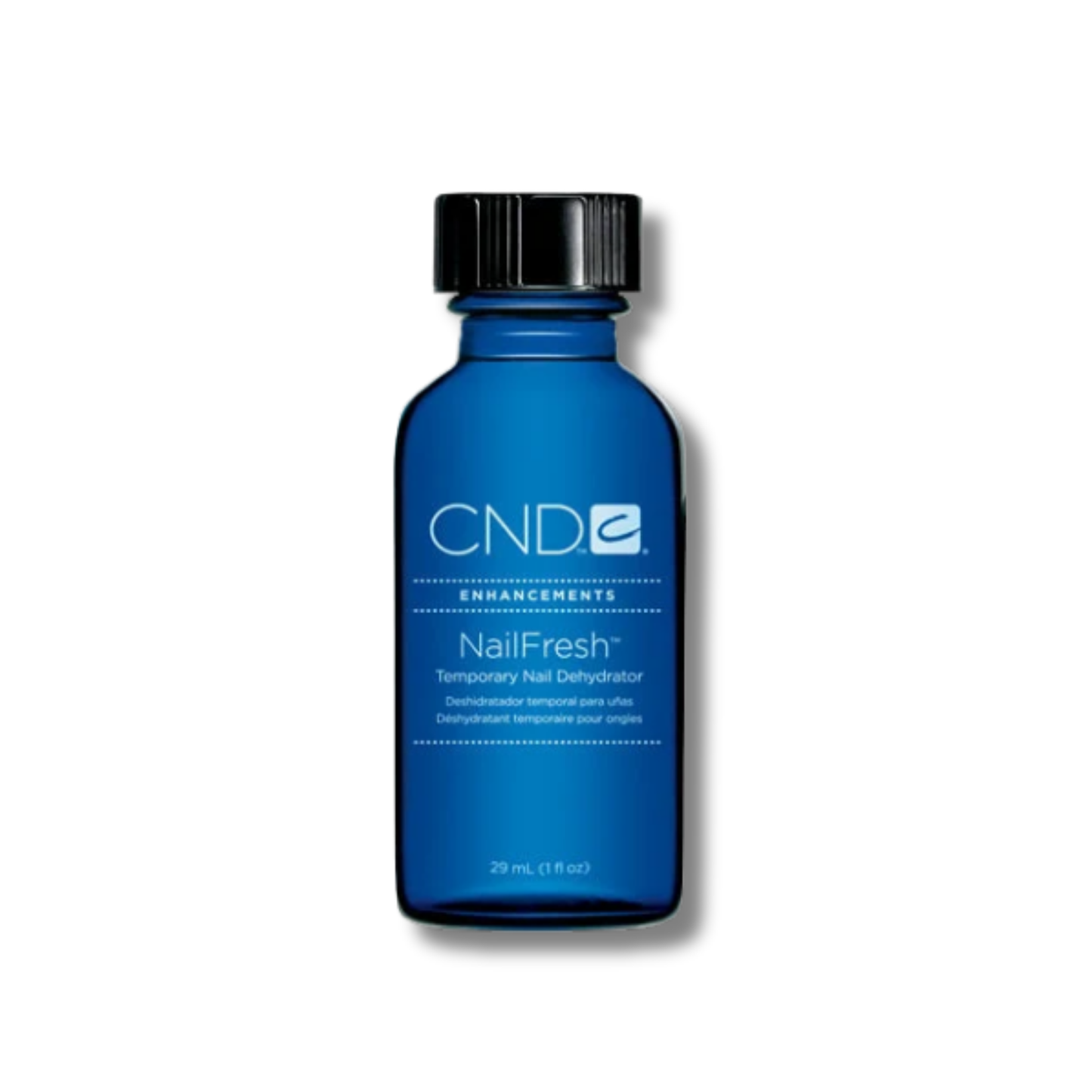 A blue glass bottle of CND Enhancements NailFresh Temporary Nail Dehydrator with a black cap, centered on a white background.